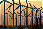 Picture: Array of Clean Energy Power generating windmills at wind turbine farm at sunrise, Palm Springs, Riverside County, California