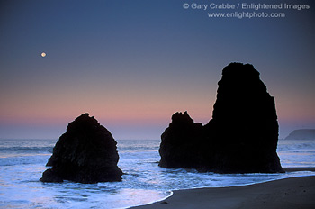 Full moon setting at dawn over the Pacific Ocean and sea stacks at Rodeo Beach, Marin Headlands, Golden Garte National Recreation Area, Marin County, California