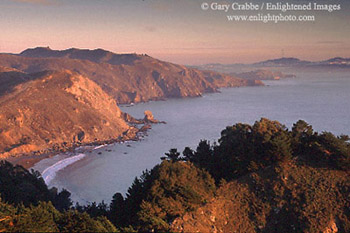 Sunset light on the rugged coastal cliffs near Muir Beach, Marin County, California