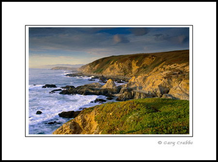 Sunset light on coastal cliffs at Bodega Head, Sonoma County Coast, California