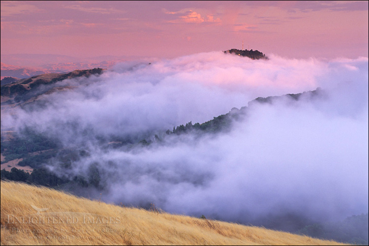 Photo: Fog rolling in over the Oakland Hills at sunset from SF Bay, near Orinda, Contra Costa County, California