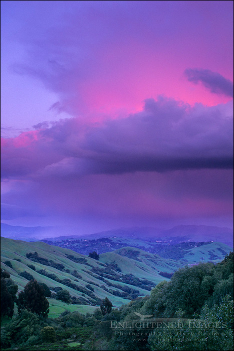 Photo: Alpenglow on storm cloud at sunset over green hills near Orinda, Contra Costa County, California