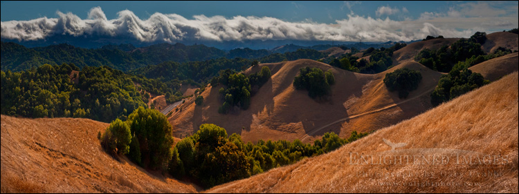 Photo: Kelvin Helmholtz instability cloud over the Berkeley Hills, seen from the oak and grass-covered rolling hills of Briones Regional Park, California