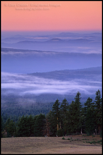 Photo: Misty clouds at dawn over evergreen trees and forest, Crater Lake National Park, Oregon