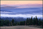 Picture: Sunrise light on hills over misty cloud, trees, and forest, Crater Lake National Park, Oregon