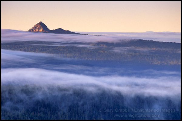 Photo: Rolling misty clouds over forest at sunrise below Union Peak, Crater Lake National Park, Oregon