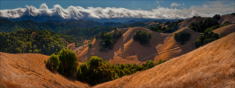 Panoramic Photo: Kelvin-Helmholtz instability cloud over the Berkeley Hills, California; Kelvin-Helmholtz cloud photo