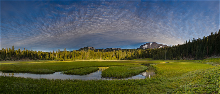 Panoramic Photo: Clouds over Lassen Peak and Kings Creek from Upper Kings Creek Meadow, Lassen Volcanic National Park, California