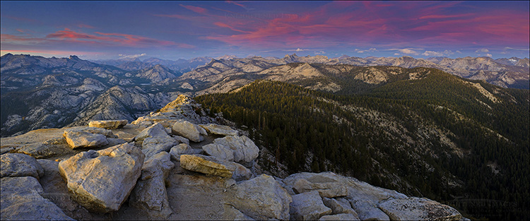 Panoramic Photo: Last light over the Sierra from the summit of Clouds Rest, Yosemite National Park, California