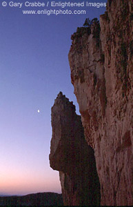 Moon and Hoodoo at dawn, along the Navajo Loop Trail, Bryce Canyon National Park, Utah