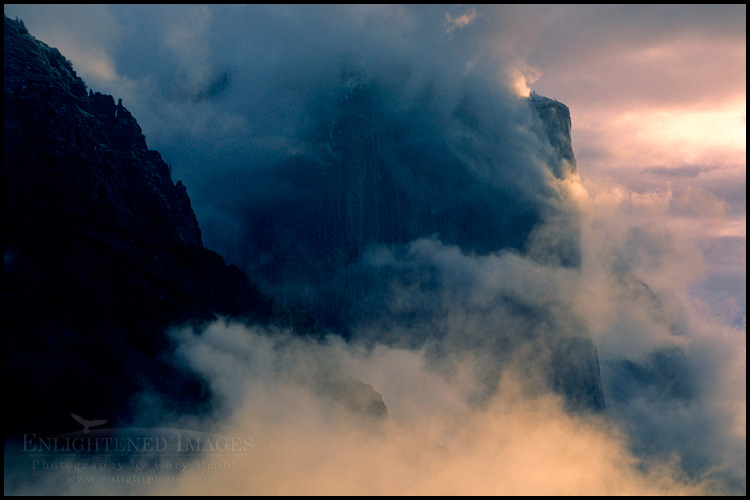 Picture: Storm clouds at sunrise shroud El Capitan, Yosemite Valley, Yosemite National Park, California