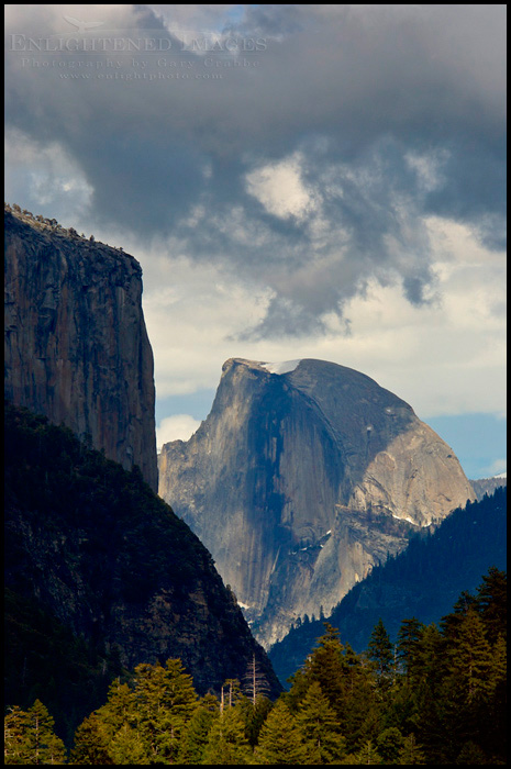 Picture: Spring storm cloulds over El Capitan and Half Dome above Yosemite Valley, Yosemite National Park, California