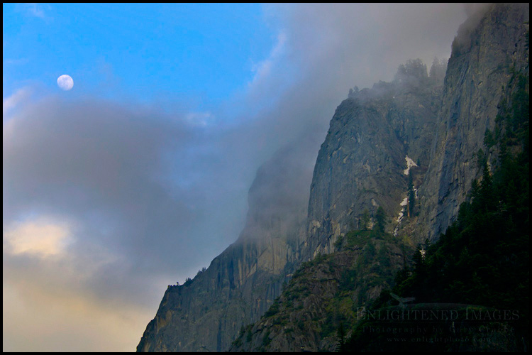 Picture: Moonrise and clouds at sunset next to Glacier Point, above Yosemite Valley, Yosemite National Park, California