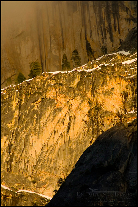 Picture: Cloud and trees on rocky ledge of cliff on Half Dome at sunset, Yosemite National Park, California