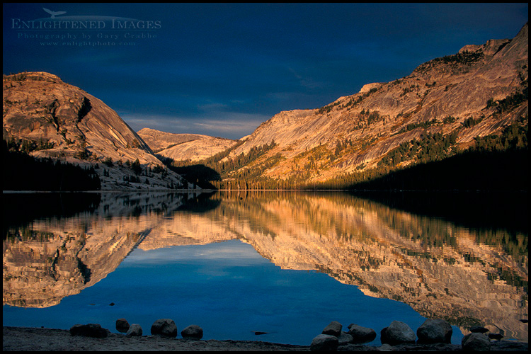 Photo: Sunset light through storm clouds on peaks above Tenaya Lake, Yosemite National Park, California