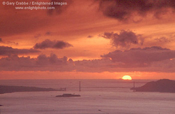 Sunset over the Golden Gate Bridge and Farallon Islands, California