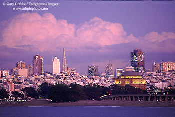 Storm clouds in evening over the Palace of Fine Art and San Francisco, California