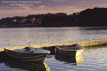 Row boats on Merced Lake at sunset, near Ocean Beach, San Francisco, California