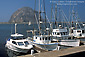 Commercial fishing boats at dock in front of Morro Rock, Morro Bay, Central Coast, California