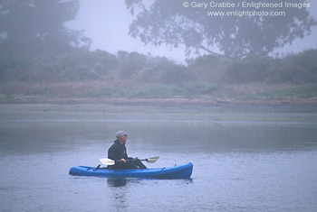 Kayaking in the calm waters and fog at Morro Bay, Central Coast, California; Stock Photo photography picture image photograph fine art decor print wall mural gallery