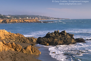 Coastal fog, blue water, and rocky shoreline at Cambria, Central Coast, California; Stock Photo photography picture image photograph fine art decor print wall mural gallery