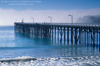 Pier and fog, Wm. R. Hearst Memorial State Beach, San Simeon Bay, Central Coast, California; Stock Photo photography picture image photograph fine art decor print wall mural gallery