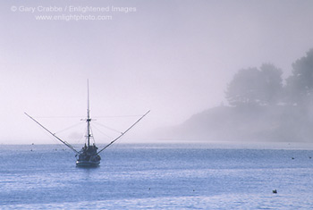 Commercial fishing boat in fog on calm blue water, San Simeon Bay, Central Coast, California; Stock Photo photography picture image photograph fine art decor print wall mural gallery