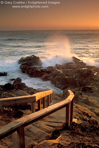 Stairs leading down to rocky shoreline and ocean waves at sunset, Leffingwell Landing, Cambria, Central Coast, California; Stock Photo photography picture image photograph fine art decor print wall mural gallery