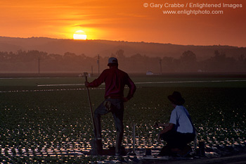 Sunset over giant painted tribute to migrant farm workers, near Salinas, Monterey County, California