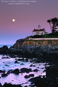 Moonset at dawn over Battery Point Lighthouse, Crescent City, Del Norte County, California