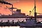 Fishing boat and pulp mill at sunset, in Humboldt Bay, Eureka, Humboldt County, California