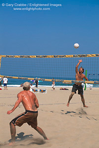 Guys playing Volleyball Game Manhattan Beach, Los Angeles, Southern California Coast