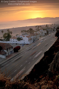 Sunset over the Pacific Coast Highway and sand beach, Santa Monica, Los Angeles County Coast, Southern California