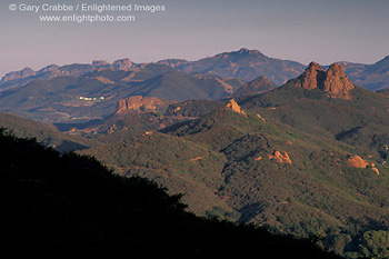 Rugged hills and ridges in the Santa Monica Mountains above Malibu, along the Pacific Coast, Los Angeles County, California