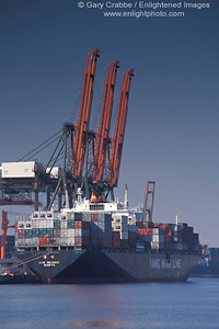 Container cargo ship and industrial shipping cranes at the Port of Los Angeles, San Pedro, California