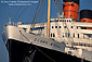 Bridge and bow of the luxury passanger liner cruise ship hotel Queen Mary docked at Long Beach Harbor, California