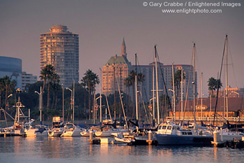 Sunset light over Marina and Downtown Long Beach, Long Beach Harbor, Los Angeles County, Southern California