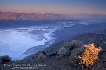 Morning light on desert sagebrush above salt pan basin playa, from Dantes View, Death Valley Nationark, California; Stock Photo image picture photo Phograph art decor print wall mural gallery