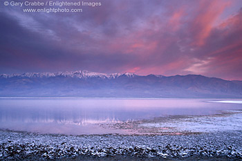 Pink clouds at sunrise over flooded basin in spring, near Badwater, Death Valley National Park, California; Stock Photo image picture photo Phograph art decor print wall mural gallery