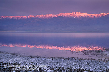 Alpenglow at sunrise on mountains reflected in spring water at Badwater, Death Valley National Park, California; Stock Photo image picture photo Phograph art decor print wall mural gallery