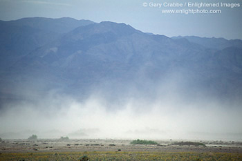 Sandstorm caused by winds blowing across dry desert playa, near Furnace Creek, Death Valley National Park, California; Stock Photo image picture photo Phograph art decor print wall mural gallery