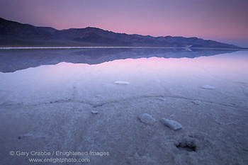 Pink sky at dawn over Middle Basin fileld with desert flood water, Death Valley National Park, California; Stock Photo image picture photo Phograph art decor print wall mural gallery