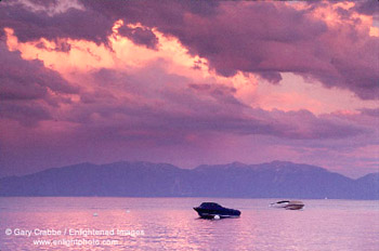 Stormy sunset over boats in Lake Tahoe, California