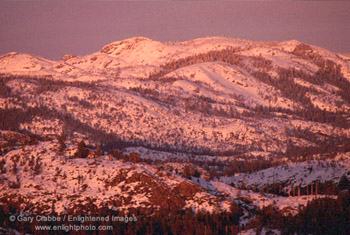 Alpenglow at sunset in winter along the Sierra Crest, near Lake Tahoe, California