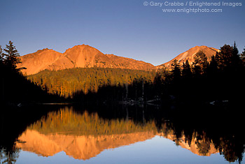 Sunset light on Chaos Crags and Mount Lassen reflected in Reflection Lake, Lassen Volcanic National Park, California; Stock Photo photography picture image photograph fine art decor print wall mural gallery