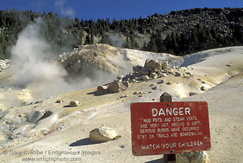 Danger sign warning tourists not to walk on fragile volcanic ground crust at Bumpass Hell, Lassen Volcanic National Park, California; Stock Photo photography picture image photograph fine art decor print wall mural gallery