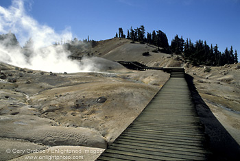 Wooden boardwak path over fragile volcanic ground at Bumpass Hell, Lassen Volcanic National Park, California; Stock Photo photography picture image photograph fine art decor print wall mural gallery