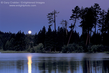 Moonset in pre-dawn light over Manzanita Lake, Lassen Volcanic National Park, California; Stock Photo photography picture image photograph fine art decor print wall mural gallery