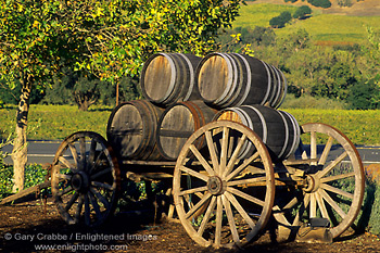 Wagon and Wine Barrels at sunset, Jepson Vineyards, near Ukiah, Mendocino County, Californi