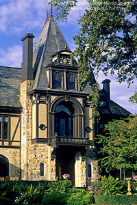Grand manison house facade of the Chateau at Beringer Vineyards Winery, St. Helena, Napa Valley Wine Region, California